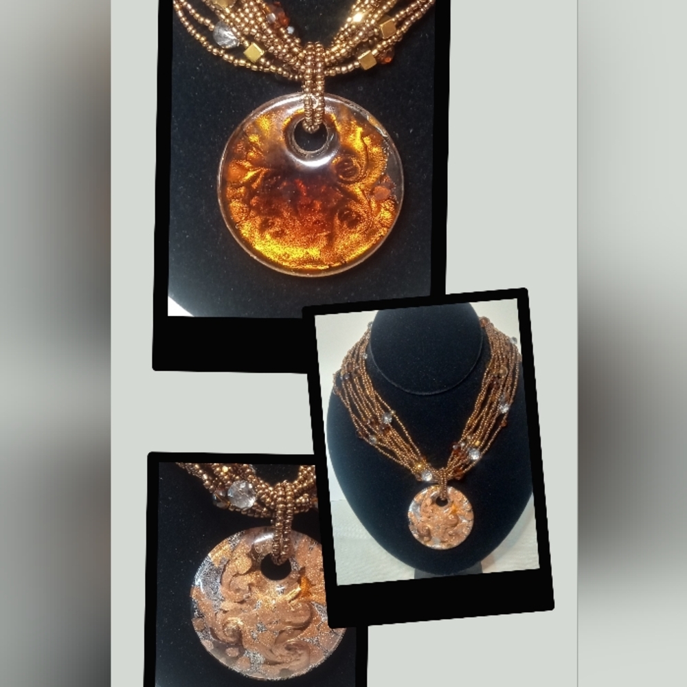 Amber Gold Statement Beaded Necklace Glass Pendant